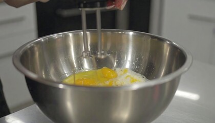 A stainless steel mixing bowl holds whisked eggs, preparing for baking.