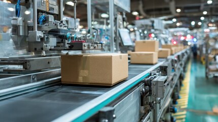 Industrial Conveyor Belt System Transporting Cardboard Boxes in Modern Warehouse Environment