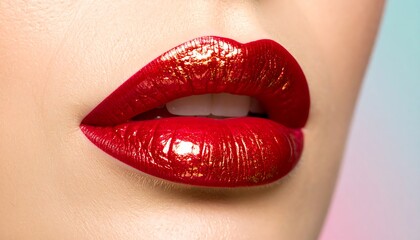 Obraz premium Close-up of glamorous lips adorned with a vibrant red, glossy lipstick featuring subtle gold shimmer, showcasing a captivating beauty.