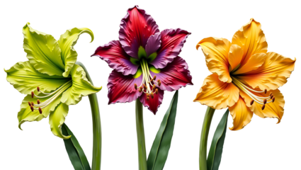 Colorful amaryllis flowers in green, red, and orange hues  