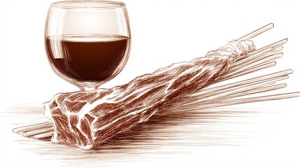 Red liquid in glass next to bundle of dried wheat on white.