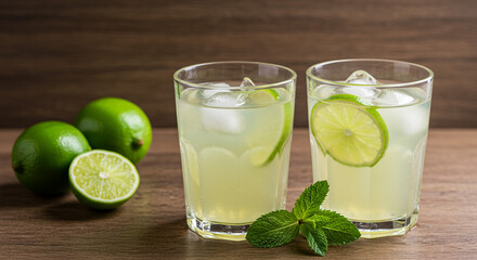 Two glasses of limeade with ice and lime slices with limes and mint on a wooden surface in soft lighting