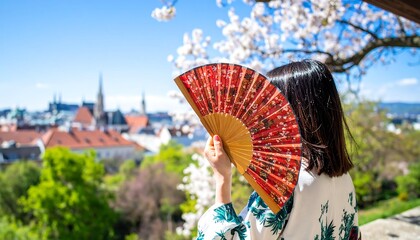 A woman shields her eyes from the sunlight with a decorative hand fan, enjoying a beautiful view of a city with blossoming cherry trees.