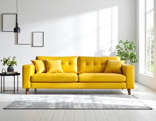 Fototapeta premium Modern mustard yellow couch in a bright room