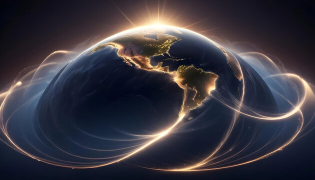 A realistic 3D render of the Earth, with glowing light trails and communication networks radiating from continents, symbolizing global connectivity and technology.