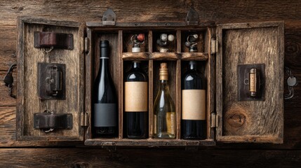 Vintage Wine Carrier with Selection of Bottles on Rustic Wooden Background, Ideal for Wine Enthusiasts and Gifts