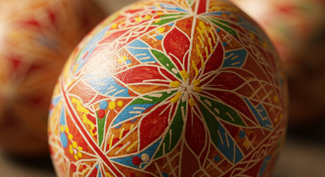 Close up of a beautifully decorated easter egg with intricate floral and geometric patterns in vibrant colors
