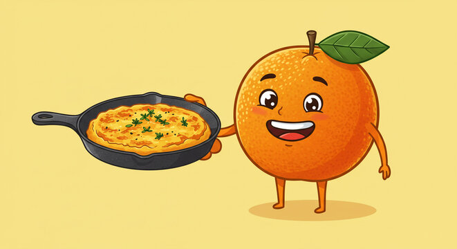 A cartoon orange character holding a skillet with food on a yellow background illustration art