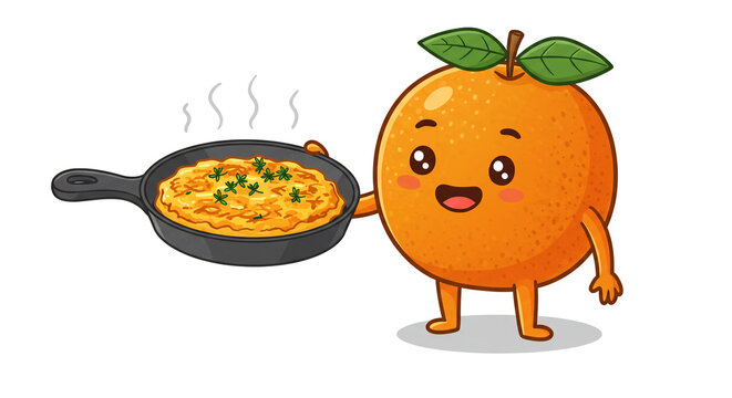 Cartoon orange character holding a skillet with cooked food and steam rising on white background
