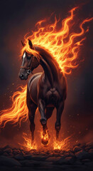 Fototapeta premium Majestic fire horse, a powerful spirit animal with a fiery mane and tail, stands proudly. Chinese New Year 2026 concept.