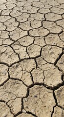 Cracked earth, showcasing the effects of drought and climate change. The earth's surface is dry and cracked, representing aridity and environmental concerns