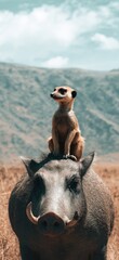 Fototapeta premium A meerkat perched atop a warthog. African savanna landscape