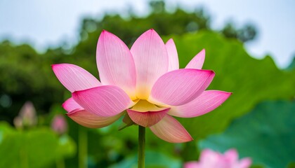 A close-up view of a delicate pink lotus flower, showcasing its intricate petals and soft, pastel hues against a blurred backdrop of lush greenery.