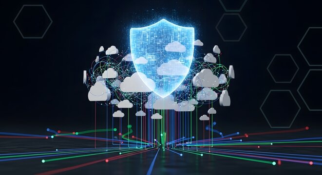 Cloud security shield protecting data with glowing connections