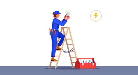 An electrician in a blue uniform, replacing a lightbulb on a ladder.