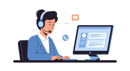 A professional female customer service representative wearing a headset, actively typing on a computer keyboard, with communication icons indicating a call and chat.