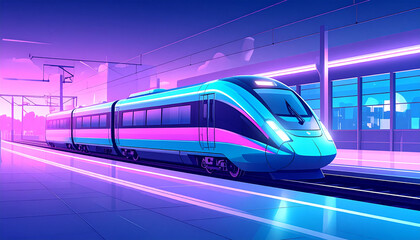Futuristic train speeding through neonlit station at night with vibrant colors and sleek lines, showcasing modern transportation and technological advancement.