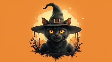 Spooky Cat in a Witch's Hat: A charming illustration of a black cat adorned in a witch's hat, perfect for Halloween.