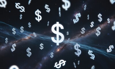 Dollar signs float against a cosmic galaxy backdrop
