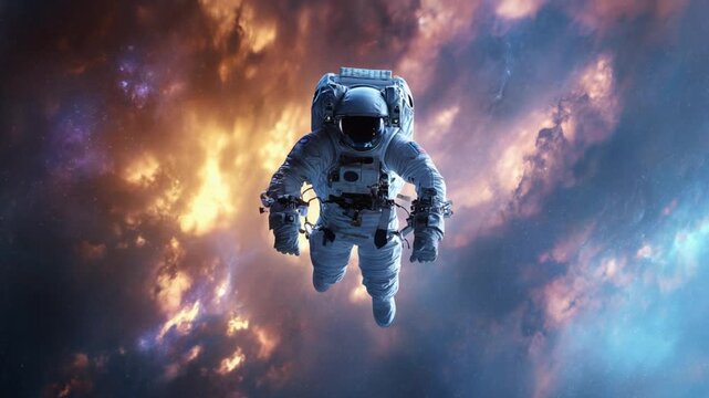 Astronaut floats in space among colorful clouds and nebulae