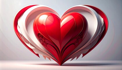 A striking 3D heart design, highlighted in vibrant red and white, features intricate, decorative patterns and a modern, dynamic style.