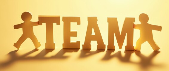 Teamwork in Synergy: A graphic representation of 'TEAM', held aloft by two figurines, bathed in the golden light of collaboration, teamwork and cooperation.