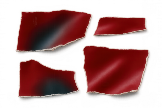 Gradient-colored torn red paper fragments casting soft shadows against transparent backdrop