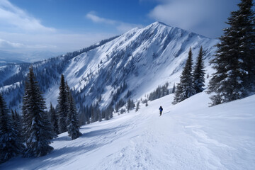 Fototapeta premium A lone hiker or skier in a vast winter mountain landscape