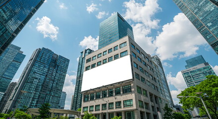 Obraz premium Blank Billboard on City Building with Modern Skyscrapers