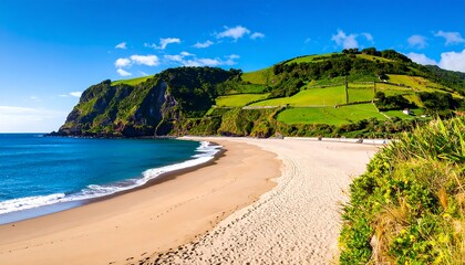 A picturesque beach scene with a vibrant shoreline, lush greenery, and a clear azure sea, showcasing a tranquil and inviting landscape.