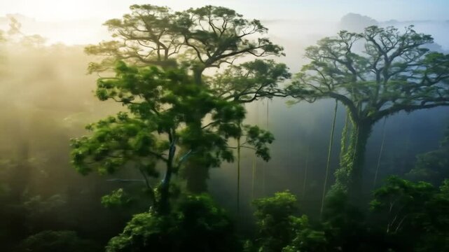 Dense, lush rainforest canopy with morning mist and towering trees