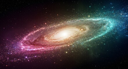 Fototapeta premium A vibrant spiral galaxy shining bright in the cosmos, filled with colorful nebulae and stars. The galaxy has many colors, a majestic sight to behold.
