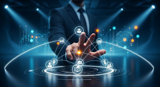 360-degree business view concept. An executive's hand at the center of a holographic circle of business icons, symbolizing a holistic management vision.