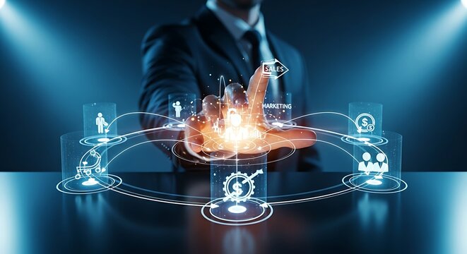 360-degree business view concept. An executive's hand at the center of a holographic circle of business icons, symbolizing a holistic management vision.