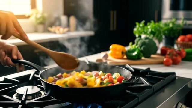 Colorful vegetables saut?ing in a pan, steam rising, in a modern kitchen.