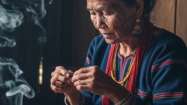 Close Up of Indigenous Woman with Tribal Tattoos Threading a Needle Wearing Traditional Blue and Red Clothing and Beaded Necklaces Near Rising Smoke Demonstrating Craftsmanship