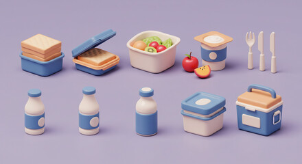A stylized lunch arrangement featuring sandwiches, fruit, yogurt, milk, and containers on a purple surface