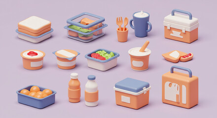 A stylized rendering of a variety of lunch box containers and food items on a light purple background