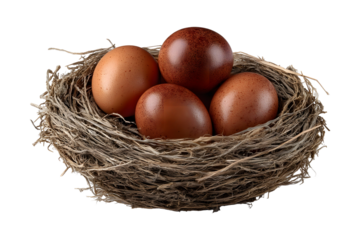 Natural bird nest containing eggs on a dark background representing fertility