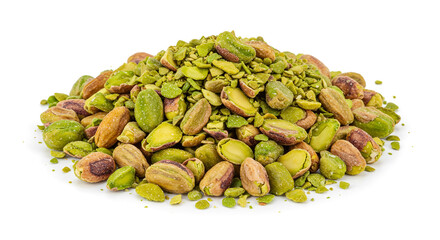 A close up shot of a pile of pistachios, some shelled and some chopped, on a white background surface