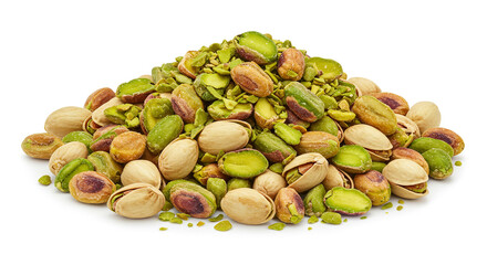 A close up shot of a pile of pistachios with some shells and some without on a white background plain