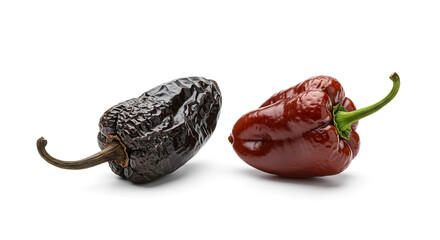 A dried poblano pepper next to a fresh poblano pepper on a white background in a studio setting
