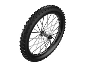 HD 3D Render: Aggressive Off-Road Dirt Bike Wheel. Isolated, Highly Detailed Spoked Motorcycle Tire with Knobby Tread and Silver Spokes. Perfect for Extreme Sports and Vehicle Design Projects.
