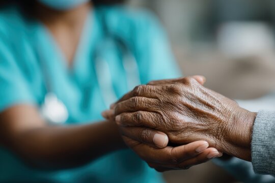 Doctor is holding the hand of an elderly patient, offering compassion and empathy during a difficult time