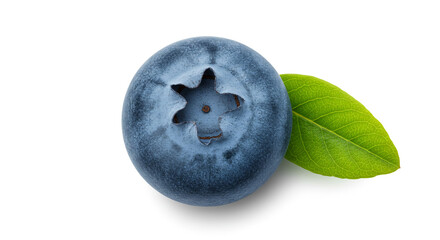 A single blueberry with a leaf, showcasing its vibrant color and texture against a white background view