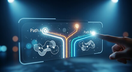 Critical decision-making concept. A holographic interface presents two diverging paths, "Path A" and "Path B," with a finger poised to make a choice.