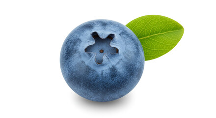 A single blueberry with a leaf, isolated on a white background, showcasing its fresh and vibrant color
