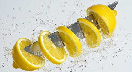 A sharp knife slicing through a lemon with water droplets in the background creating a refreshing scene