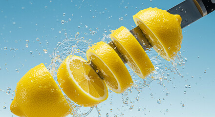 A lemon being sliced by a knife with water splashing against a light blue gradient background scene view