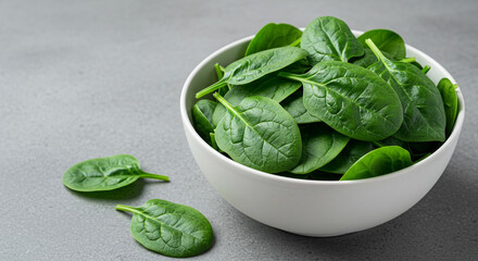 A close up of a white bowl filled with fresh green spinach leaves on a gray textured background surface